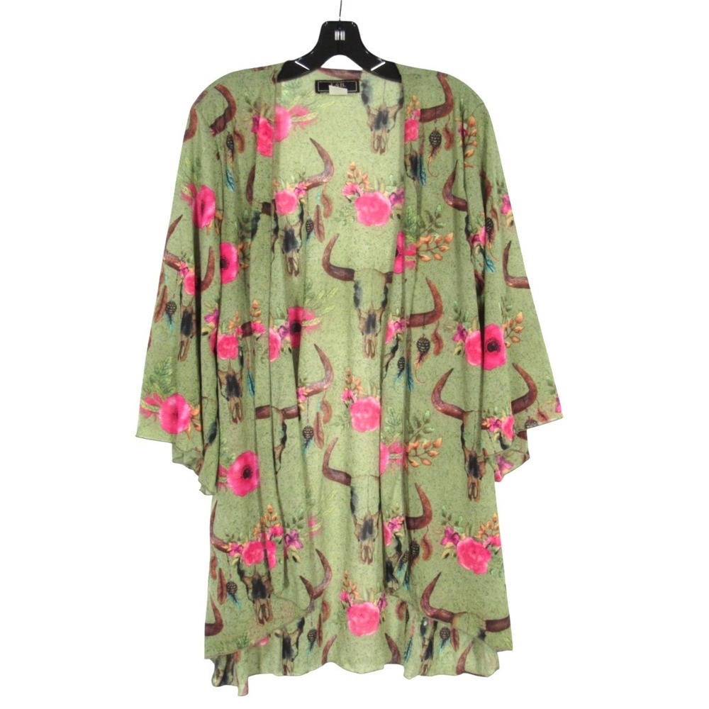 L&B LUCKY & BLESSED Green/Multi FLORAL SKULL PRINT Mesh OPEN FRONT Cardigan Sz M